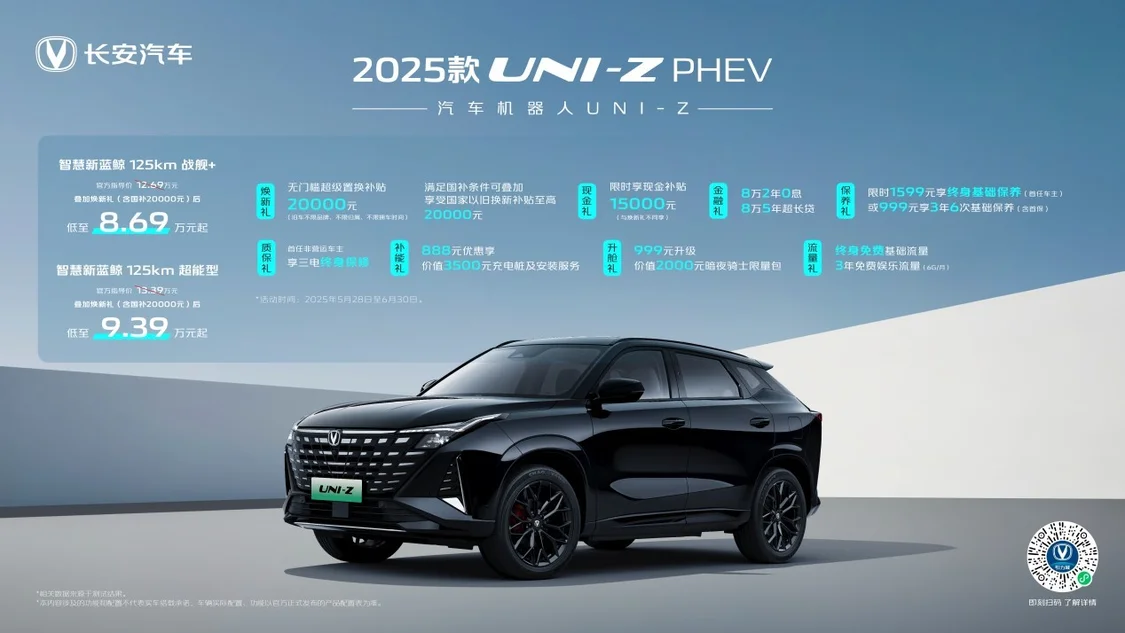2025款長安UNI-Z上市 燃油版綜合優惠價8.09萬元起/插混版綜合優惠價8.69萬元起